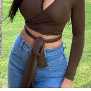 Brown peekaboo long sleeve crop top